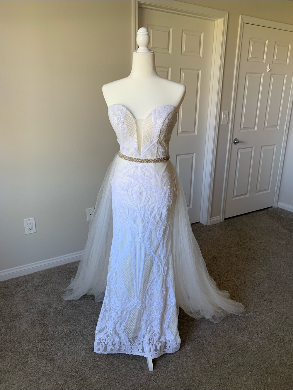 J’adore White Lace Strapless Wedding Dress with Removable Train